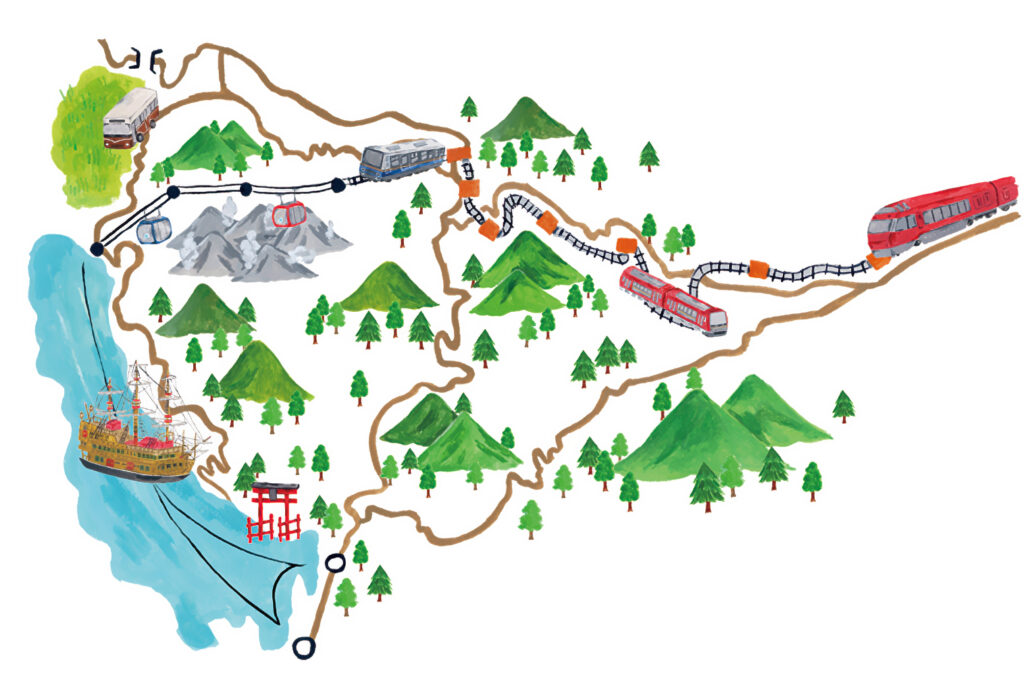 小田急沿線の観光列車とロープウェイが描かれたイラスト地図