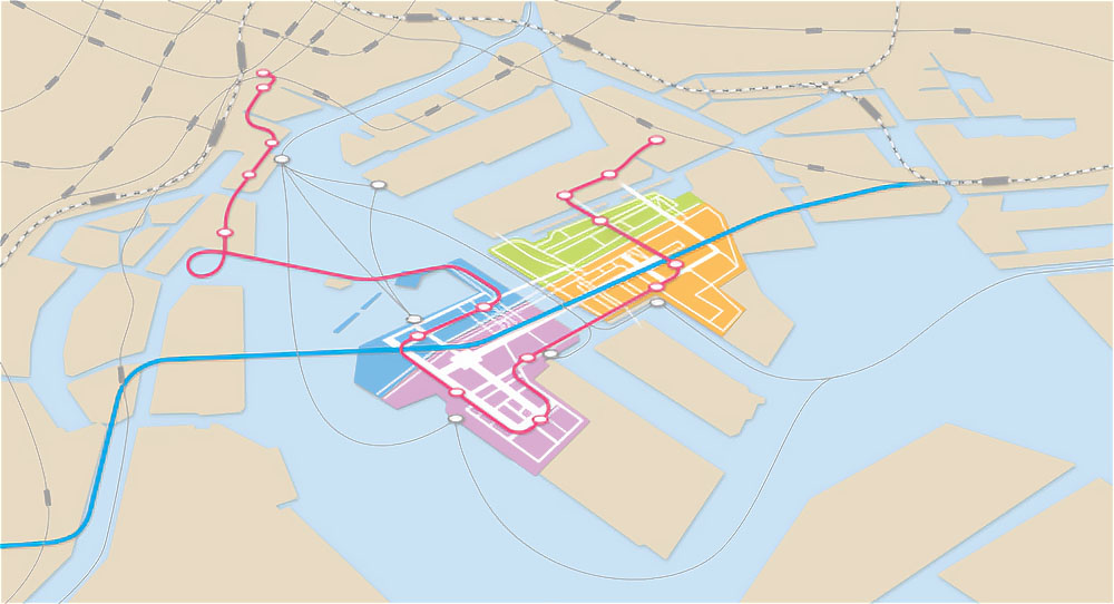 港湾都市のカラフルな交通路線の俯瞰図イラスト