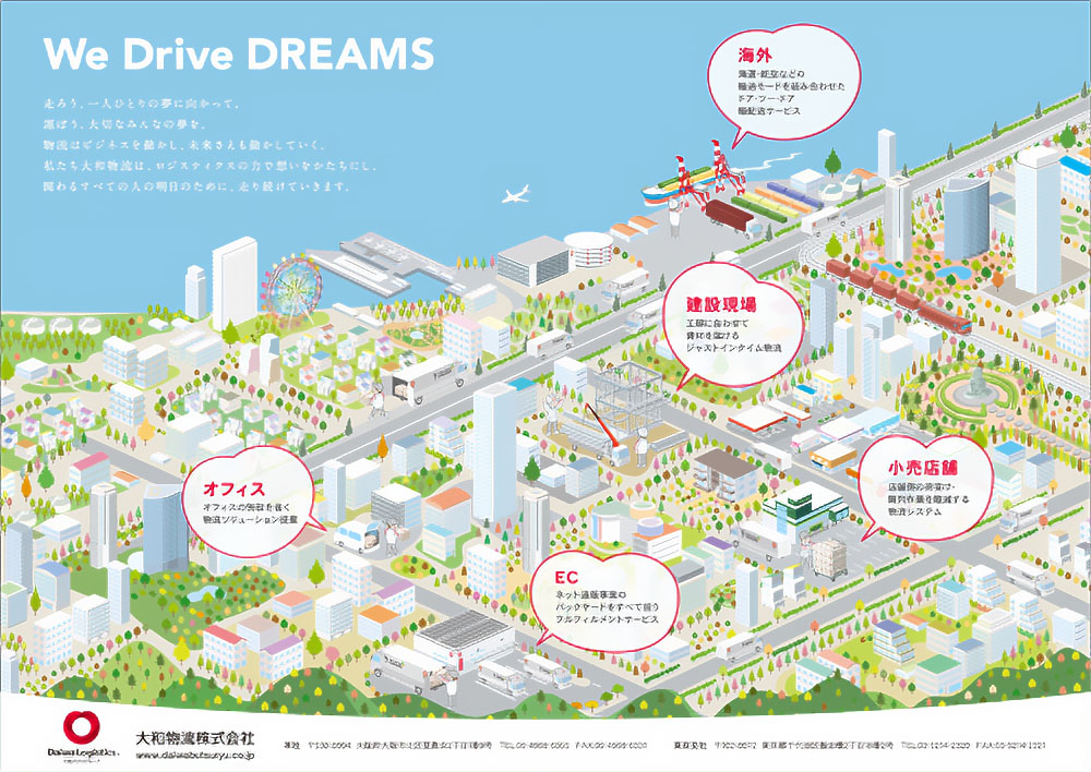 都市の物流ソリューションを紹介する街の俯瞰図イラスト