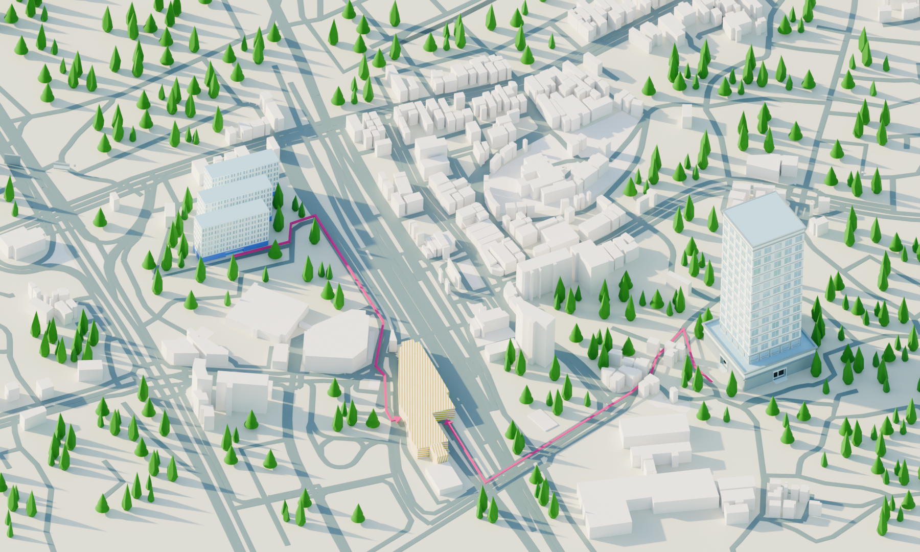 都市の主要道路、経路を描いた俯瞰図イラスト制作