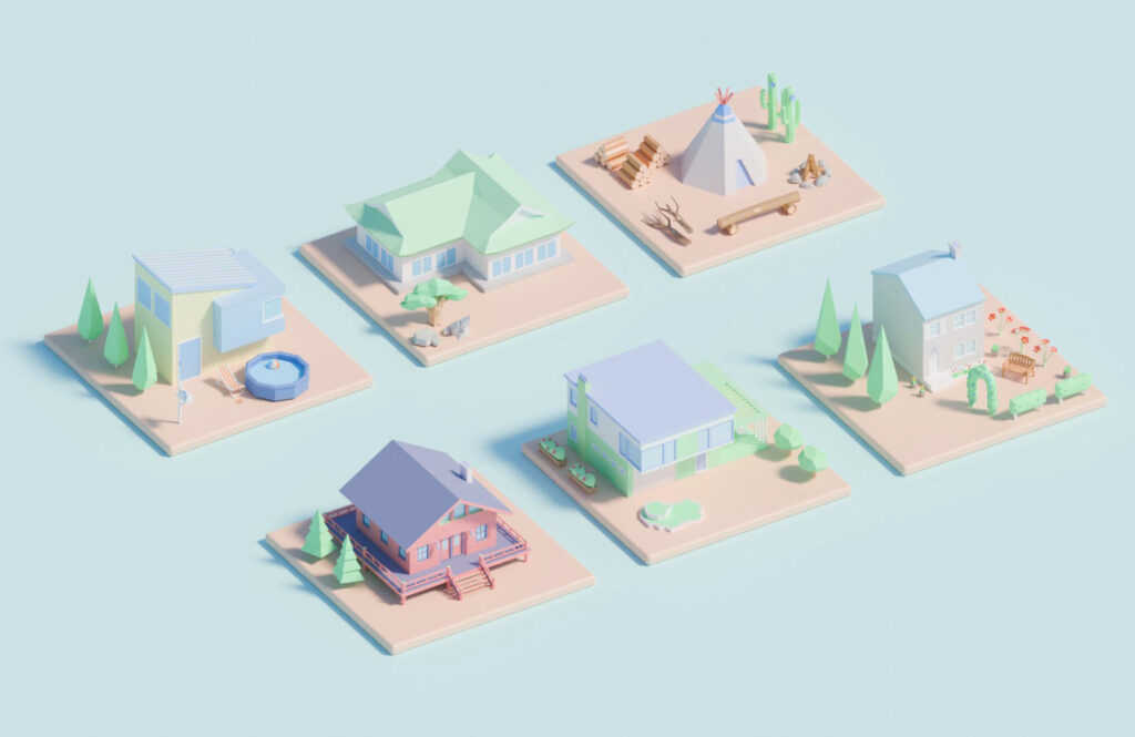 ミニチュアのジオラマのような住宅の3Dイラスト。