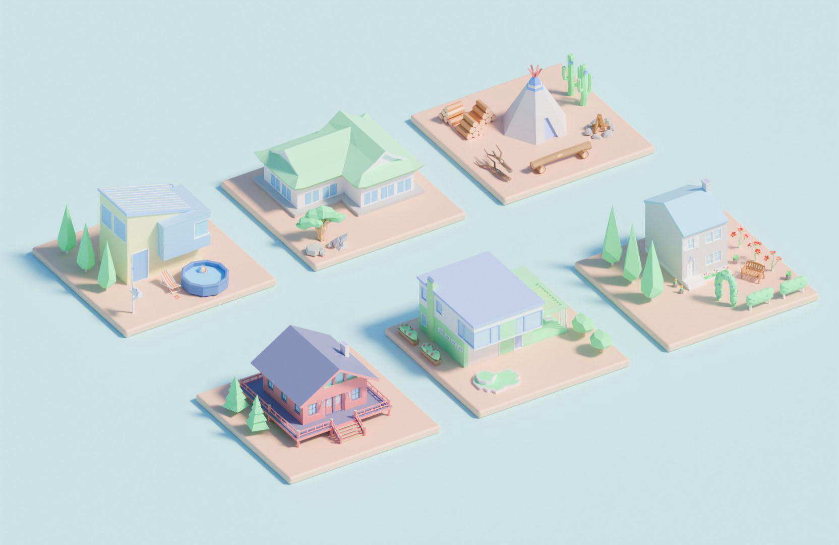 さまざまなタイプの住宅俯瞰図の3Dイラスト