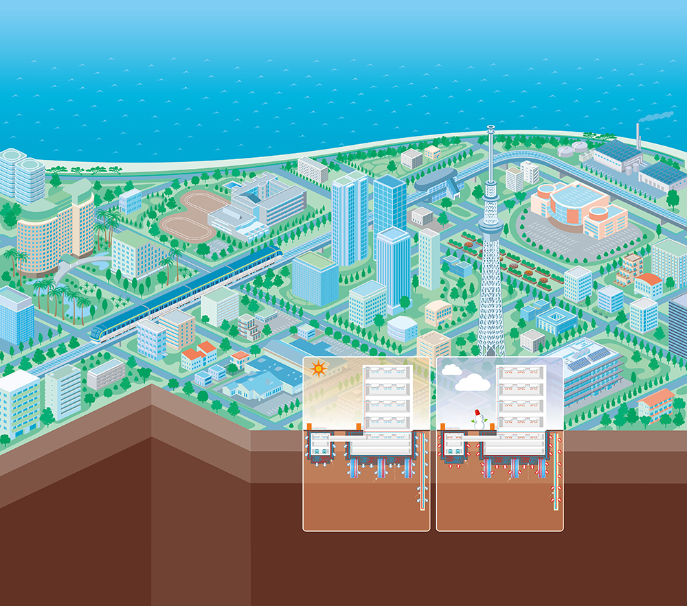 三菱マテリアルテクノ様/街と地中熱の俯瞰図イラスト制作