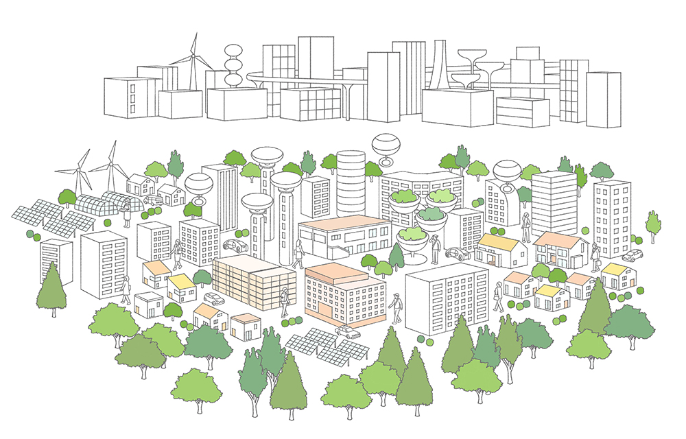 未来都市の俯瞰図イラスト作成