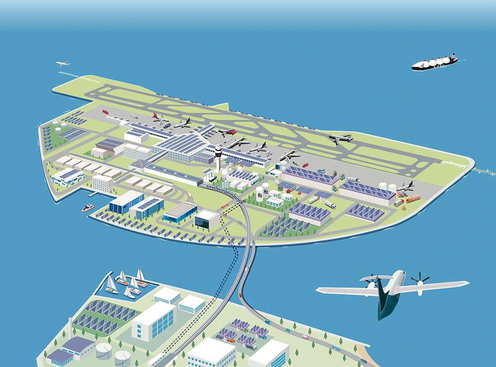 国土交通省様 / 中部国際空港脱炭素化推進計画の俯瞰図イラスト制作