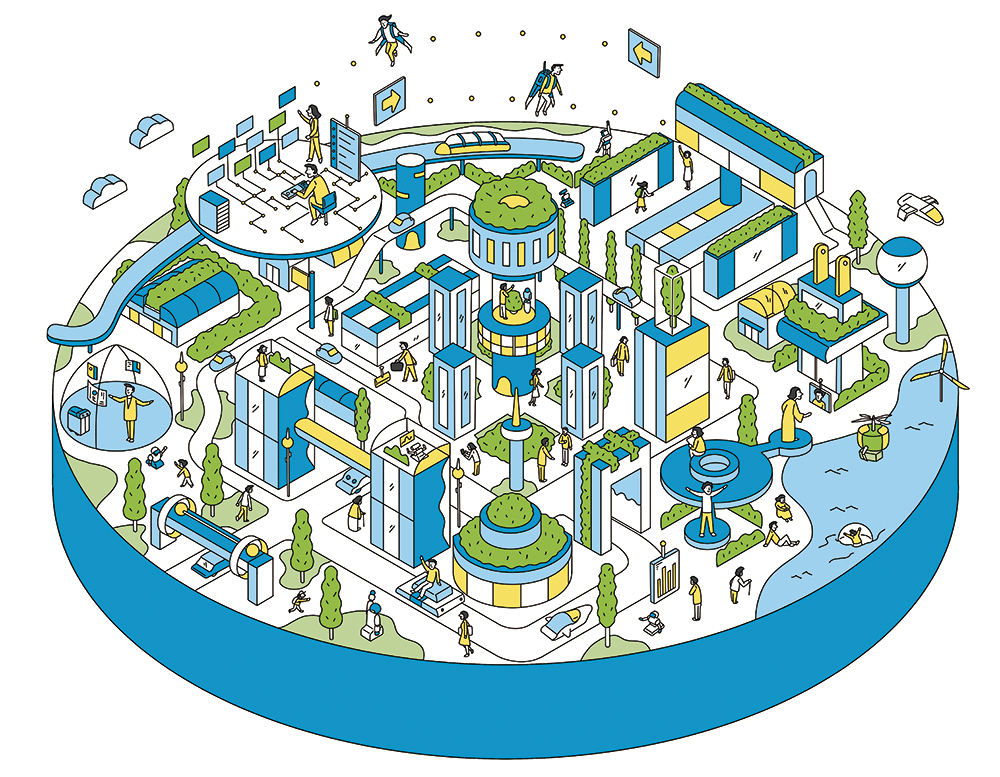 IOT、ドローン、自動運転車などを描いた俯瞰図イラスト。ビジョンマップ。