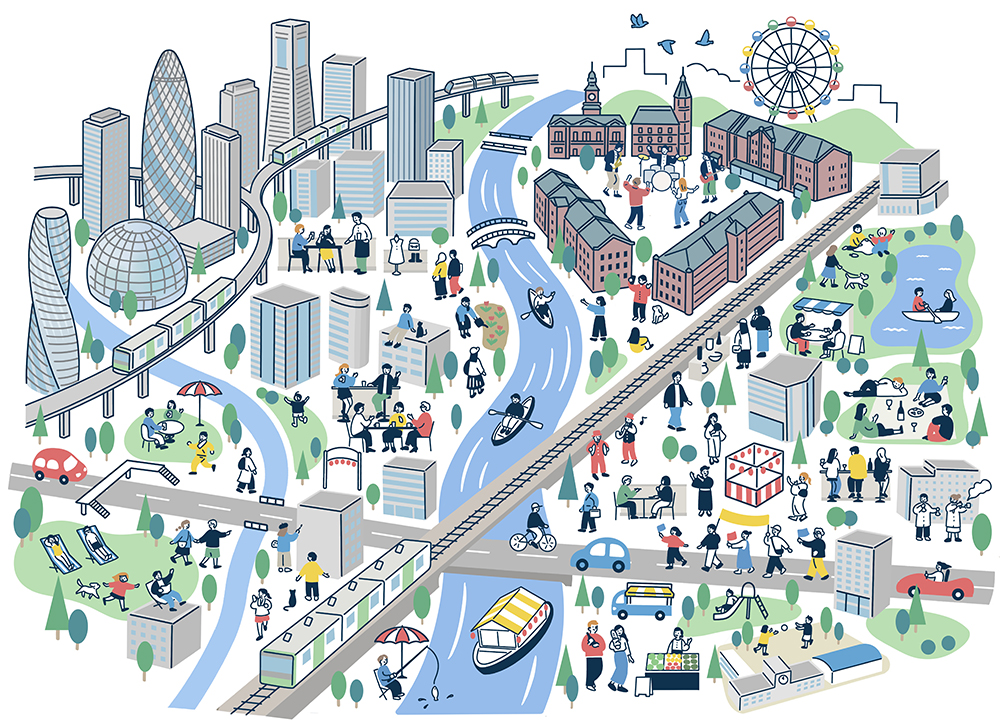 多様なライフスタイルの活気あふれる都市/街の俯瞰図イラスト